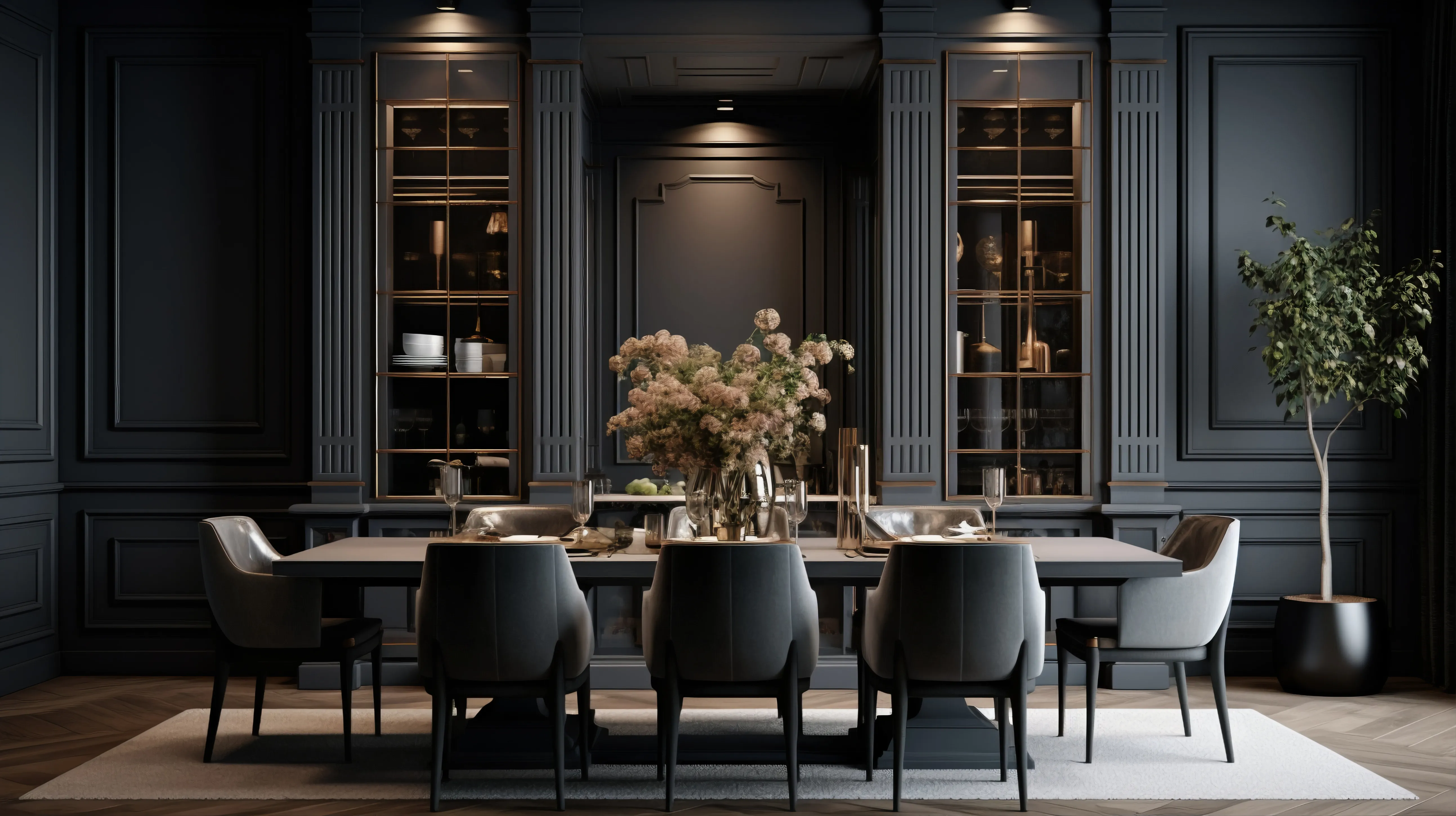 Luxurious dining room with a dark, sophisticated color scheme, a grand dining table, and elegant glass-fronted cabinets displaying fine dinnerware.