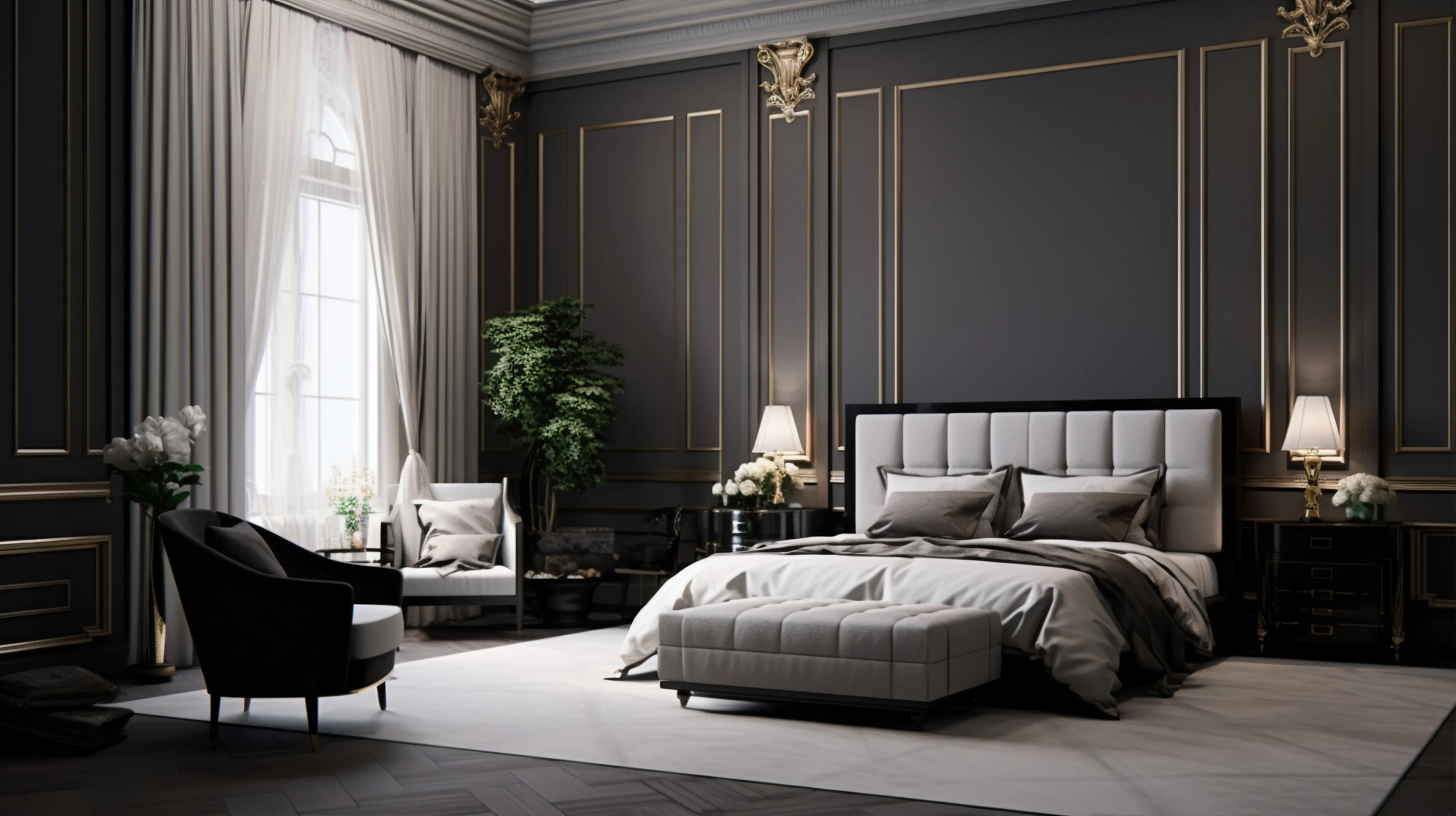 Luxurious bedroom with a soft color palette, elegant furnishings, and gold accents, creating a sophisticated and serene atmosphere.