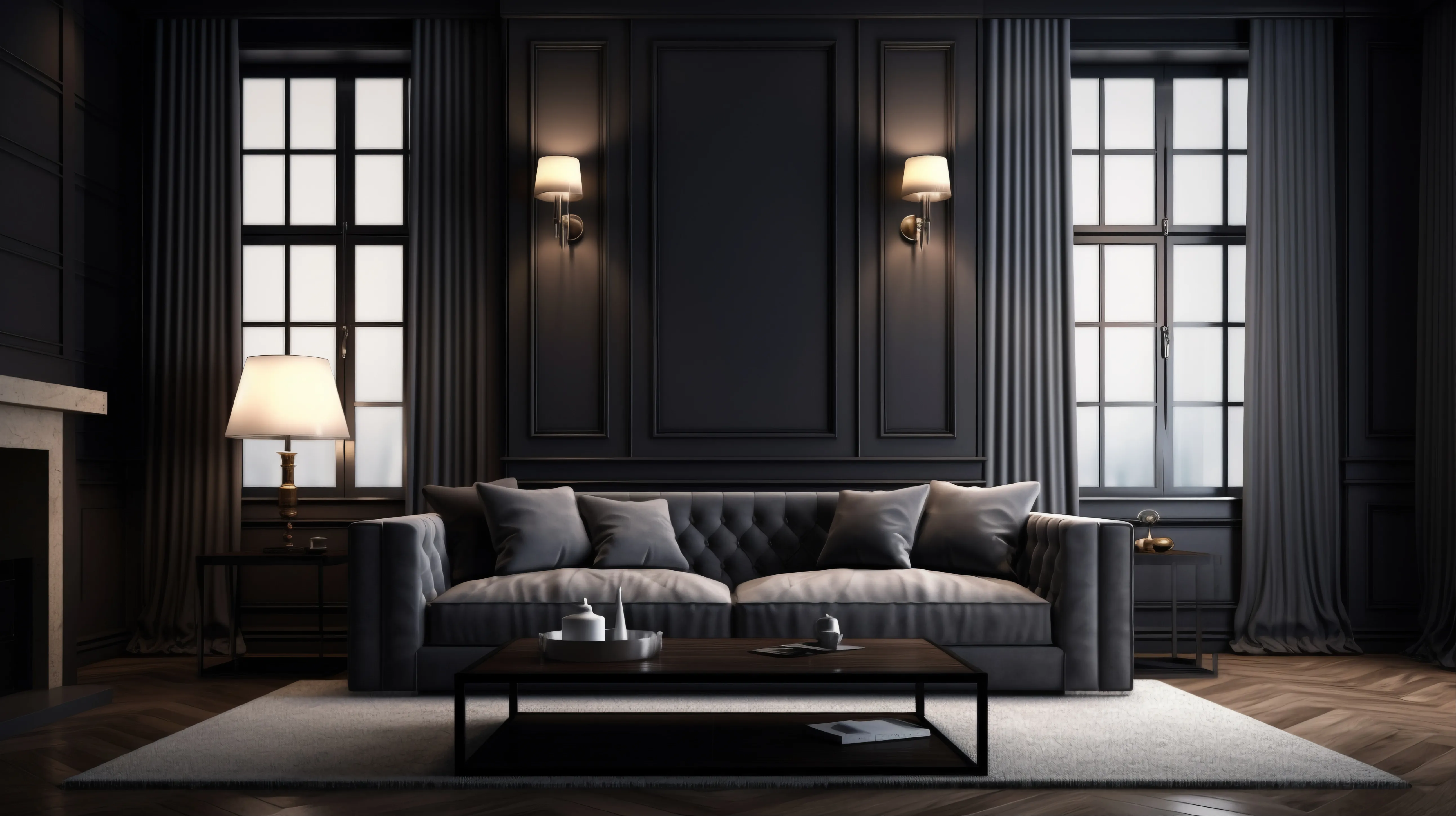 Elegant living room with a dark color palette, tufted sofa, ambient lighting, and large windows framed by heavy drapes.