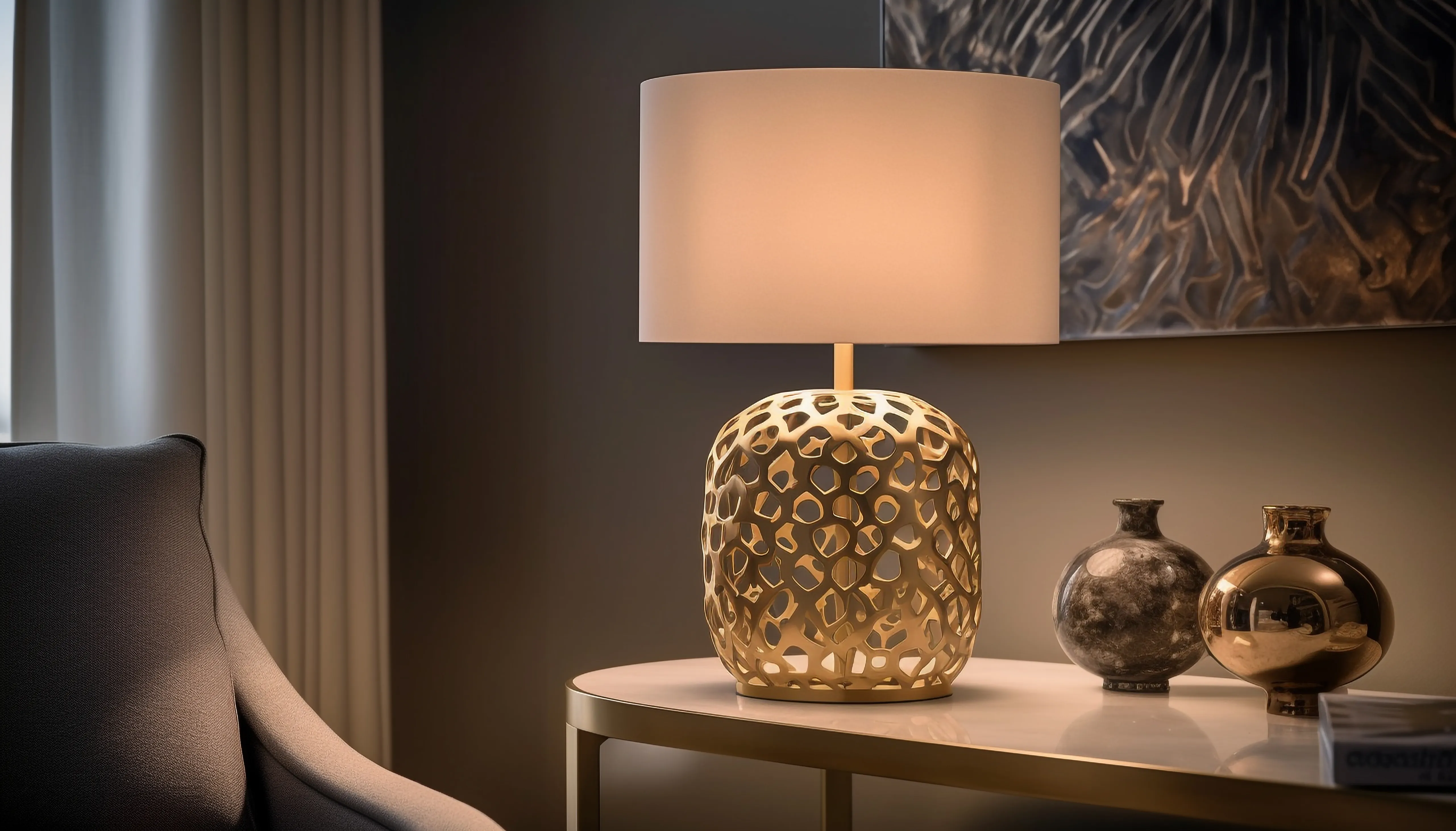 A modern table lamp with a perforated gold base and a simple white shade sits on a sleek side table, accompanied by two decorative vases.